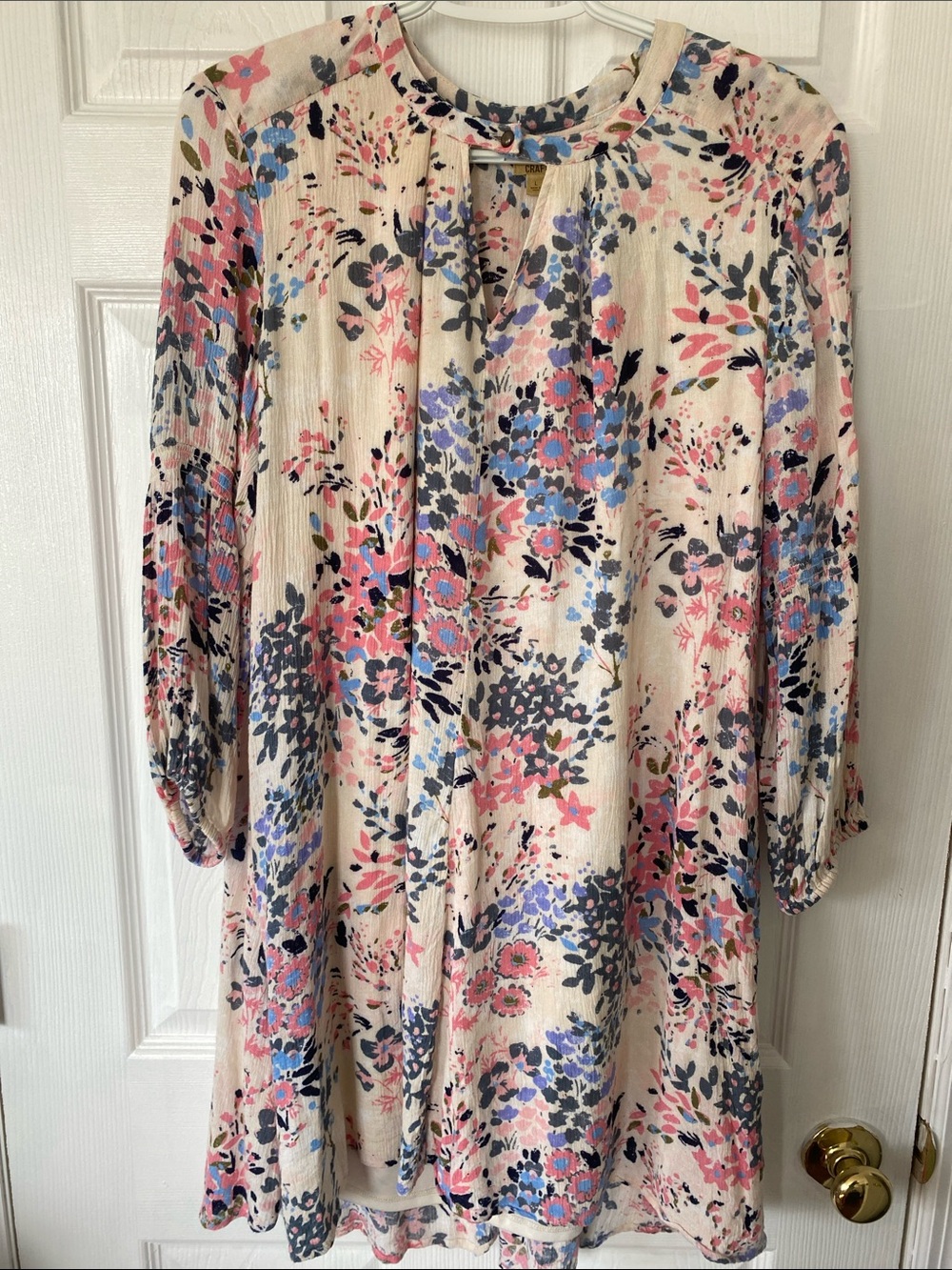 True Craft Cream Floral Midi Dress with Pink & Blue Blooms